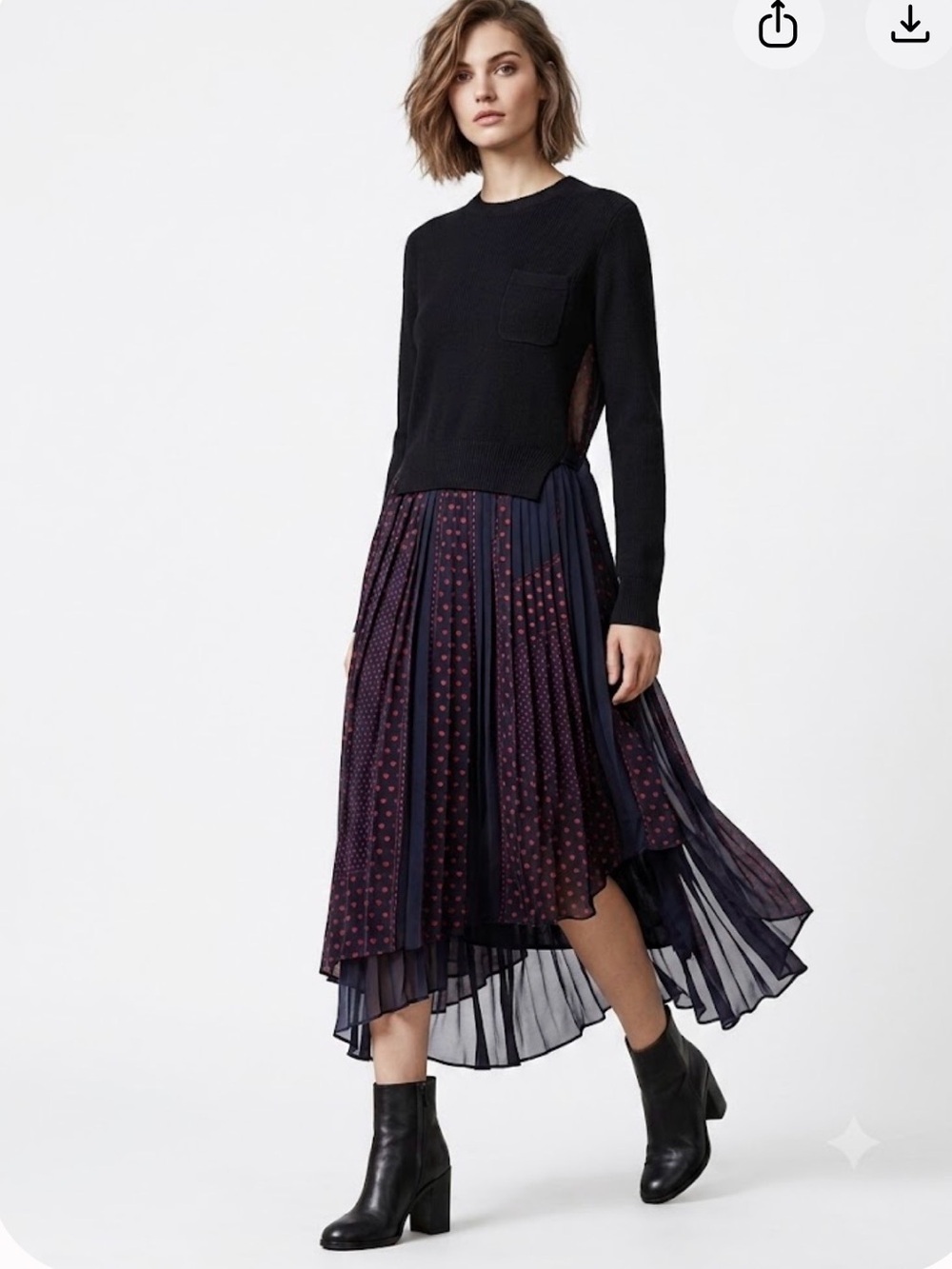 Sacai Luck Hybrid Sweater Dress Cotton Cashmere Heart Print Pleated Sz 1
